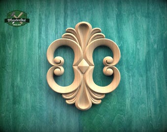 Symmetrical Wood Applique with Double Open Scrolls and Center Diamond Relief — Decorative Accent for Furniture