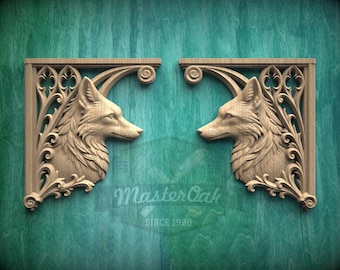 Carved Wood Fox Corner Onlays, Mirrored Pair with Gothic Scrollwork