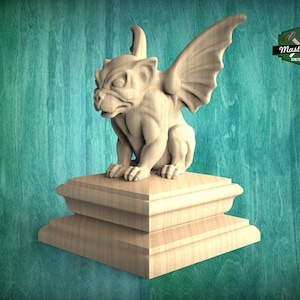 Handcrafted Wooden Gargoyle Sculpture on Tiered Base - Artisanal Gothic Guardian for Home DecorWooden Gargoyle statue cap