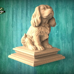 Remate de madera con la figura de un Cavalier King Charles Spaniel para el poste de la escalera, remate de cama con forma de spaniel, estatua de madera del Cavalier King Charles