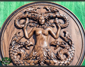 Gorgona Medusa tallada en madera, decoración de pared tallada, decoración de madera tallada de la mitología griega