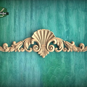 Masterful Carvings: Grand Shell and Acanthus Carved Onlay, Horizontal Wood Onlay, 1pc, Unpainted, Carved Wood Applique for Fireplace Mantel