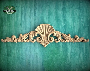 Masterful Carvings: Grand Shell and Acanthus Carved Onlay, Horizontal Wood Onlay, 1pc, Unpainted, Carved Wood Applique for Fireplace Mantel