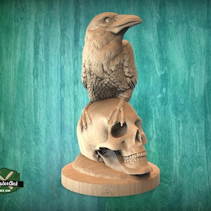 Handcrafted Wooden Raven & Skull Statue - Intricate Gothic Home Decor, Unpainted Indoor Ornament, Unique Artistic Creation