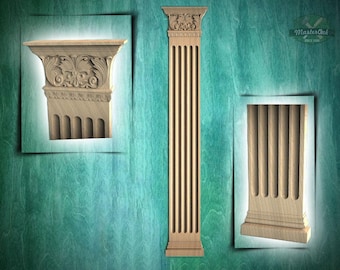 Pilastra de madera de elegancia corintia, columnas de respaldo plano, pilastra jónica clásica de madera, 1 pieza, sin pintar, pilares con molduras de madera tallada.