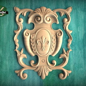Heraldic Grace: Regal Fleur-de-Lis Wooden Onlay, Unpainted, 1pc, Home Wall Embellishments, Furniture Carving