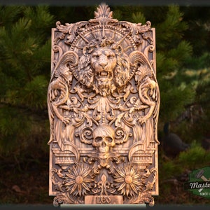 Wooden panel Carved Lion Head and Skull,  wood wall hanging plaque wood carvings wood carved dark art