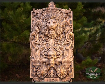 Wooden panel Carved Lion Head and Skull,  wood wall hanging plaque wood carvings wood carved dark art