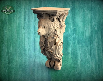 Large Carved Wood Corbel with Bear Head 1pc, Unpainted – Decorative Support Bracket for Mantels and Shelves