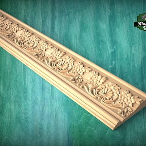 Renaissance Floral Wood Carved Molding – Artistic Elegance, 40" , 1 pc, Unpainted, Symmetrical Flower Scrollwork , Furniture Baguette