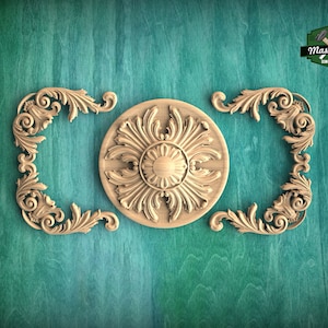 Rococo Style Wooden Carving with Center Medallion for Classic Elegance, 1pc, Unfinished, Home Wall Embellishments, Furniture Wood Onlay