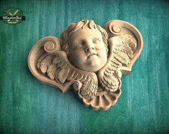 Angel Head Carved Wood Applique, Angel with wings, Carved Angel, religion decor, carved decoration of wood, wooden onlay