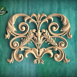 Baroque Style Wood Carved Onlay – Ornate Floral Applique with Scrolls, Wood Applique, 1pc, Unpainted, Home Wall Embellishments, wooden trims