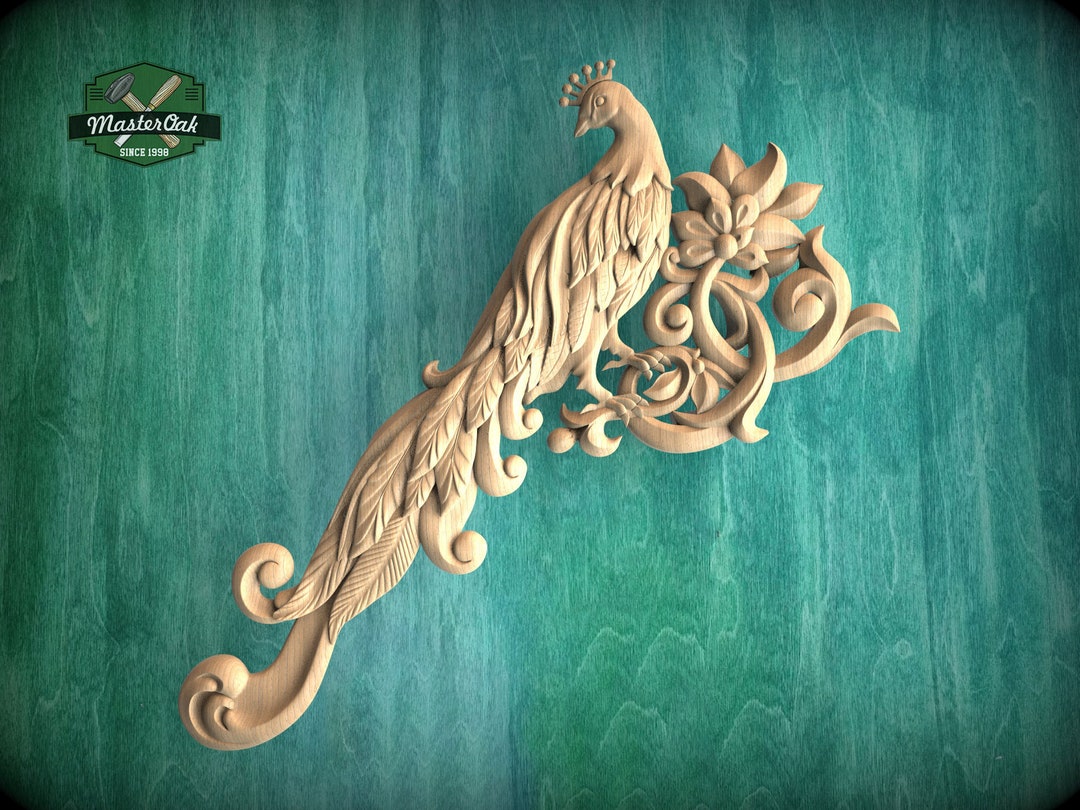 Peacock in Bloom Wood Carving – Elegant Corner Decor Element, 1 Pc ...