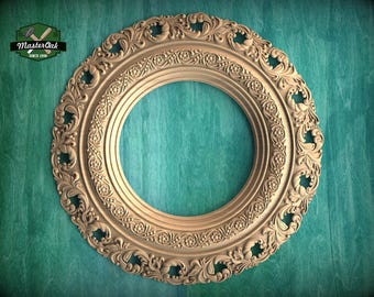 Elegante cornice circolare in legno per specchio con intagli decorativi a motivi floreali - Decorazione classica per la casa, 1 pezzo, non verniciato, cornice per specchio intagliata
