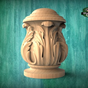 Decorative Wooden Newel Cap With Acanthus Leaves from solid wood, Staircase Newel Post Cap, Bed finials