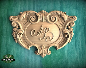 Monogrammed Elegance: Customizable Crest Wooden Onlay, Unpainted, 1pc, Home Wall Embellishments, Furniture Carving