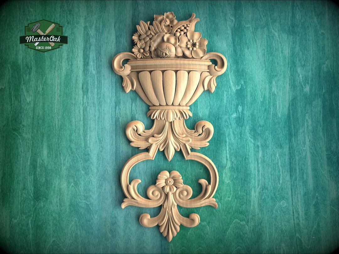 Classical Vase & Bouquet Carved Wood Applique Vertical Elegance for
