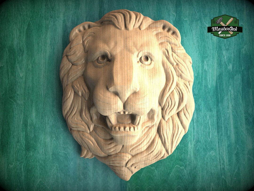 Lion Head Decor of Wood, Carved Lion Head, Unpainted, 1pc, Applique