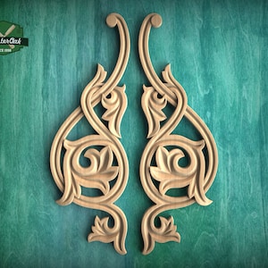 Floral Tendril Wood Carved Onlay – Elegant Side Decor, Dynamic Floral Motif, Furniture Carving, Wood Onlay, Set of 2pc, Unpainted