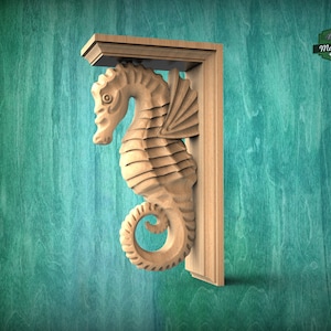Seahorse Corbel of Wood, Unpainted, Seahorse bracket Carved Wooden Corbel, Home Wall Embellishments, wood onlays, wood wall art decor