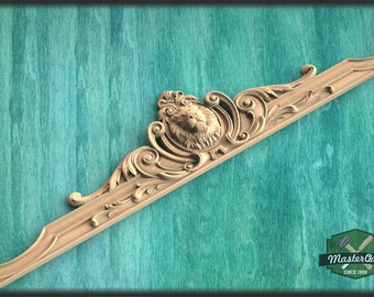Lion Onlay above the entrance, Large oak floral center onlay with lion head, horizontal decor, carved decoration of wood, wooden onlay