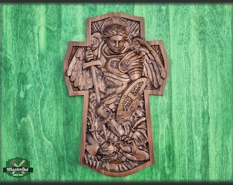 Archangel Michael Natural wood All Sizes Wall Hanging Wooden Carved Home Decor  Christian Gift Idea