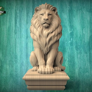 May include: A detailed wooden sculpture of a seated lion with a flowing mane, resting on a rectangular base. The lion's features are meticulously carved, showcasing its paws and facial details. The background is a teal-coloured wood grain.