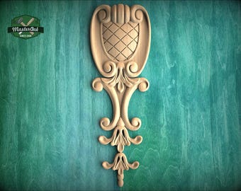 Elegant Vertical Wood Carving – Shield and Lattice Pattern Decor, Furniture Carving, Wood Onlay, 1pc, Unpainted
