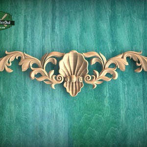 Baroque Shell Wooden Onlay – Elegant Foliage Design Accent, Ocean-Inspired Carved Wood Applique, 1pc, Unpainted, Furniture Carving