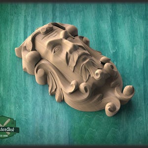 May include: A carved wooden relief sculpture of a classical male face with a beard and flowing hair. The sculpture is light brown and set against a teal background. The logo "Master Oak Since 1998" is in the lower left corner.