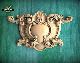 Antique Style Natural Wood Onlay - Detailed Scroll and Floral Central Overlay, 1pc, Unpainted, carved decoration of wood, wooden onlay