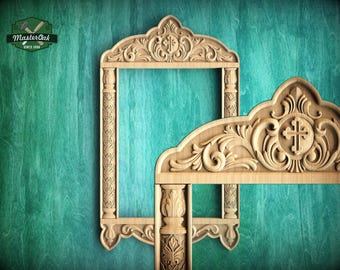 Sacred Display: Sophisticated Carved Wooden Icon Case, 1pc, Unpainted, Carved Wooden Kiot Onlay,  Ornate Carved Wooden Icon Case Frame