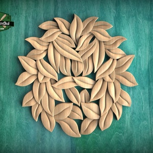 Nature&#39;s Embrace: Leaf Pattern Onlay, 1 piece, Unpainted, Home Wall Embellishments, round wooden trims, wood wall art decor