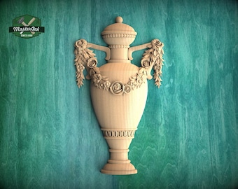 Carved Axelbant with Vase Design – Traditional Wood Ornament, 1pc, Unpainted, Carved Onlay, Onlay Decor, Applique furniture decor