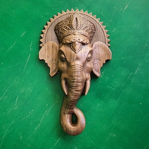 Hölzerner Lord Ganesha Kopf Wandbehang, Ganesha Elefantenkopf, Holzschnitzerei