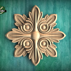 Ornate Leaf Medallion: Wooden Rosette Onlay, 1 piece, Unpainted, Home Wall Embellishments, Round Wooden Trims, Wood Wall Art Decor