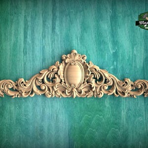 Applique in legno con stemma regale intagliato, eleganza barocca con volute, 1 pezzo, decorazioni per pareti domestiche, intaglio di mobili, intarsio orizzontale in legno
