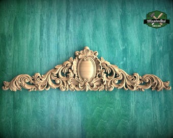 Carved Regal Crest Wooden Applique, Baroque Scrollwork Elegance, 1pc, Home Wall Embellishments, Furniture Carving, Horizontal Wood Onlay