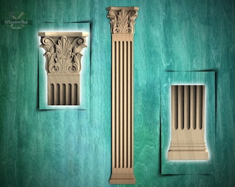 Neoclassical Elegance Wooden Pilaster, Classical wood ionic  pilaster, 1pc, Unpainted, Carved Wood Trim Post Pillars, Flat Back Columns