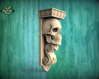 Elegant Gothic Skull Corbel made of wood, Unpainted, Decorative Carved Wooden Corbel, Home Wall Embellishments