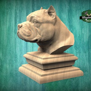 American Bully Büste aus Holz, Unlackiert, Amerikanischer Bully-Beetpfosten für Treppenhaus, Newel Post