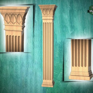 Columna corintia de remate cuadrado, de madera, para una pieza arquitectónica elegante, 1 unidad, sin pintar