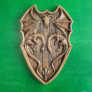 Draghi sullo scudo, due draghi, intaglio in legno, decorazione da parete, carta da parati, arte murale, decorazione da parete