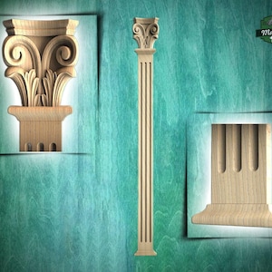 Pilastra corintia individual de madera elegante, 1 pieza, sin pintar, con postes de madera tallada y columnas de respaldo plano.