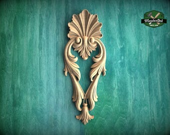 Wooden Acanthus Leaf combined into a shell shape Drop Applique for Classical Decor, Furniture Carving, Wood Onlay, 1pc, Unpainted