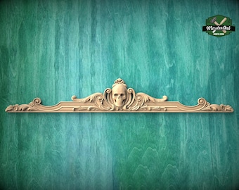 Skull Onlay above the entrance, Large oak floral center onlay with skull, horizontal decor, carved decoration of wood, wooden onlay