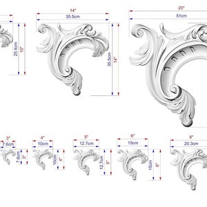 three different ornate designs, each with its own set of measurements and scale. The designs are shown in various sizes, ranging from small to large, and are accompanied by corresponding dimensions in centimeters. The image is a collection of these design elements, providing a visual representation of the sizes and proportions of the ornamental patterns.
