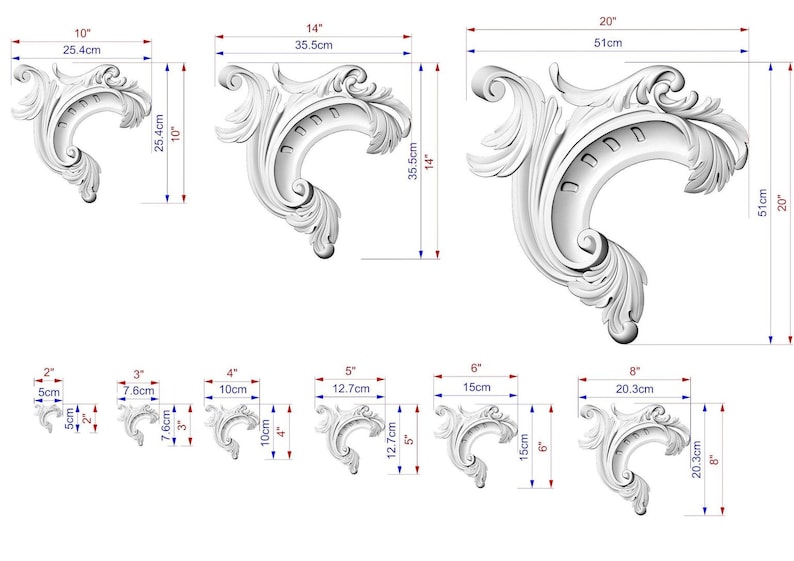 three different ornate designs, each with its own set of measurements and scale. The designs are shown in various sizes, ranging from small to large, and are accompanied by corresponding dimensions in centimeters. The image is a collection of these design elements, providing a visual representation of the sizes and proportions of the ornamental patterns.