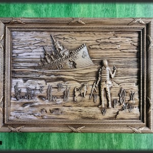 Stylized wood panel Russian Warship Go F**k Yourself with Patron dog, wood wall art, Ukraine wall decor carving